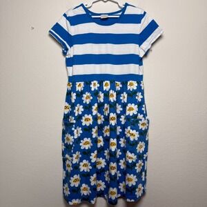 Hanna Andersson Mixie Dress 10 Daisy Blue White Stripe Patchwork  Pockets 140cm